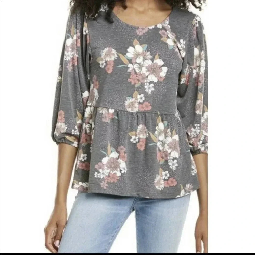 Bobeau Women’s Gray Floral‎ Peplum Top XS NWT